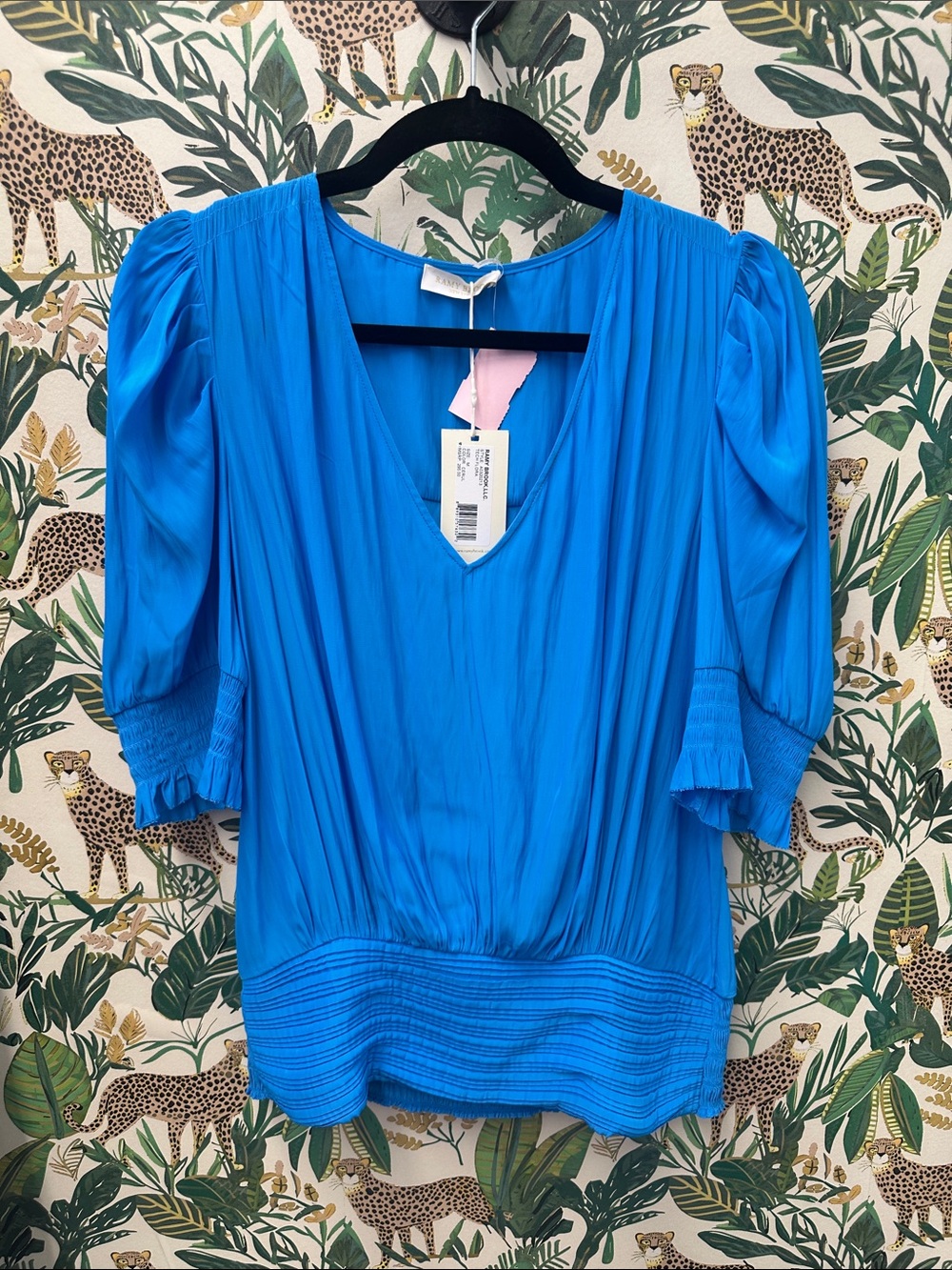 Ramy Brook Electric Blue V-Neck Pleated Puff-Sleeve Blouse